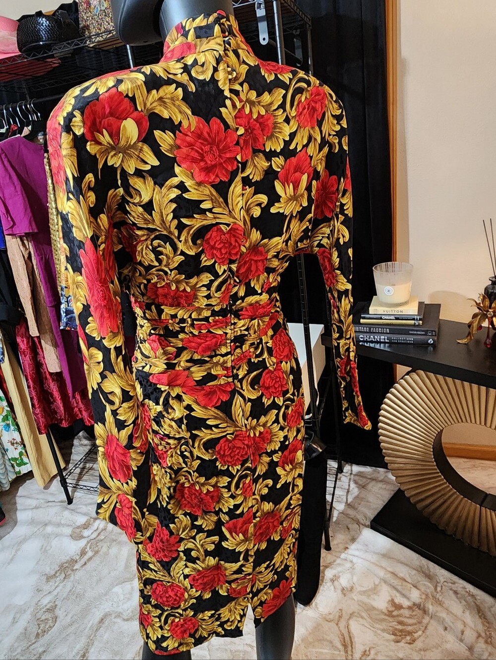 Vintage 80s MAGGY LONDON 100% Silk Baroque Floral Runway Dress Size 4 - Picture 7 of 8